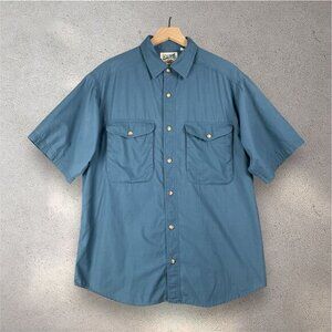 TravelSmith Short Sleeve Button Up Shirt Men’s Large Blue Utility Pockets Casual